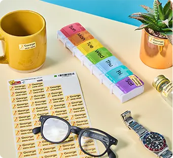 Labelled mug, glasses, watch and other items you may label at a care home