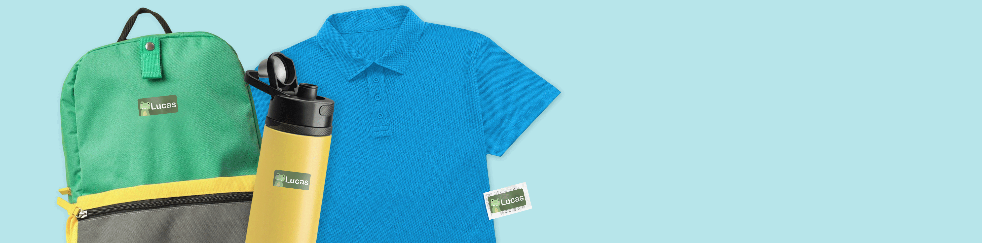 A blue top, yellow water bottle and green backpack on a light blue background.