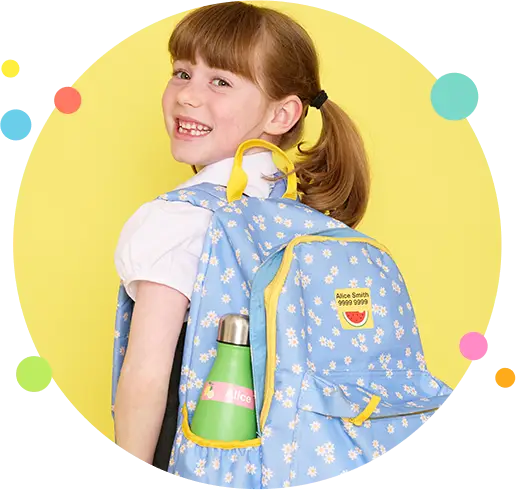 School girl with her backpack which is labeled with a maxisticker