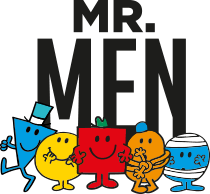 Mr Men characters with Mr Men written in the center, on an orange background