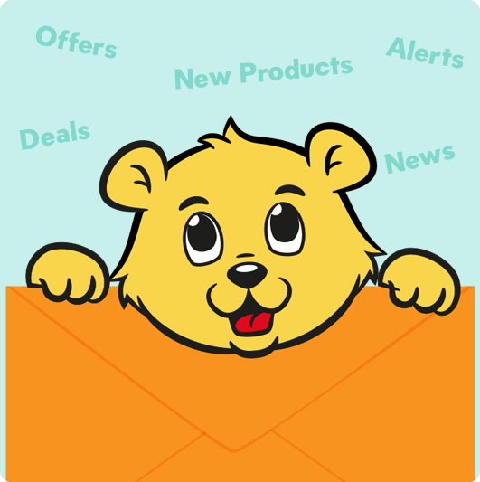 My Nametags bear holding a letter with offers, deals, new products, alerts and news written above, on a green background