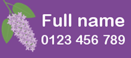 My Nametags label with lilac tree, full name, and telephone number, on a purple background