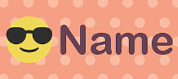 My Nametags label with a yellow smily face wearing sunglasses, and name, on an organge polka dot background