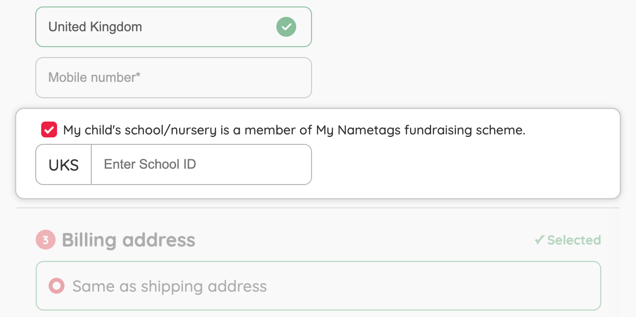 Screenshot of the checkout page showing where parents enter the school ID